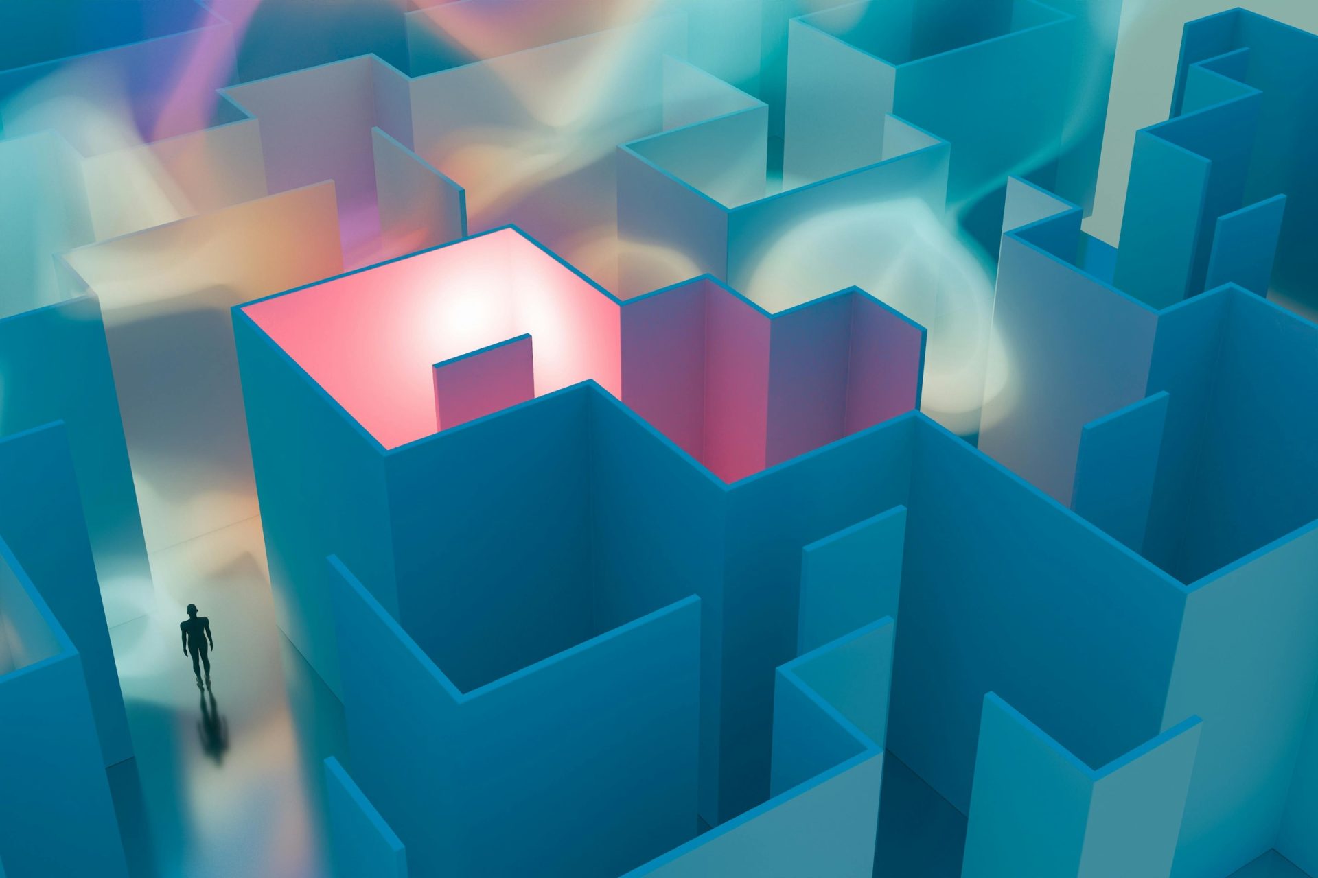 Isometric maze of teal blocks with a lit red pathway
