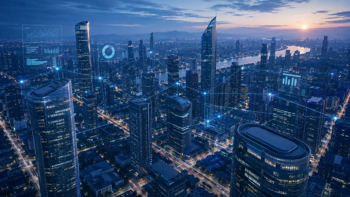 Aerial view of a city at night with data overlays on the skyline