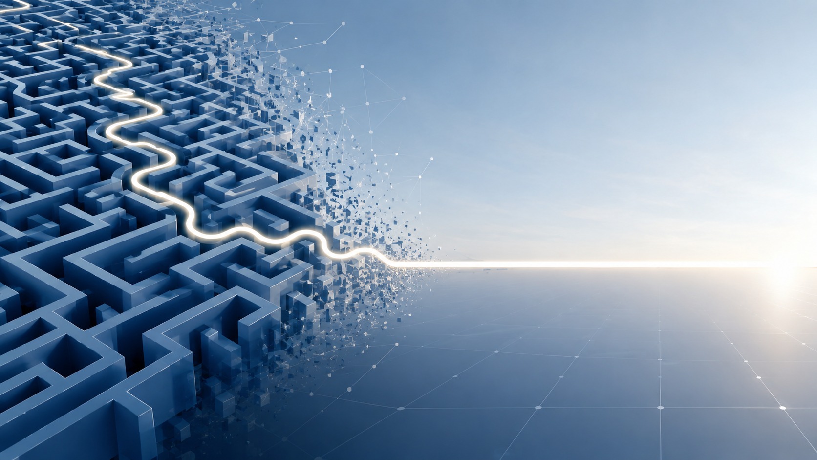 A glowing path cutting through a blue maze towards the light