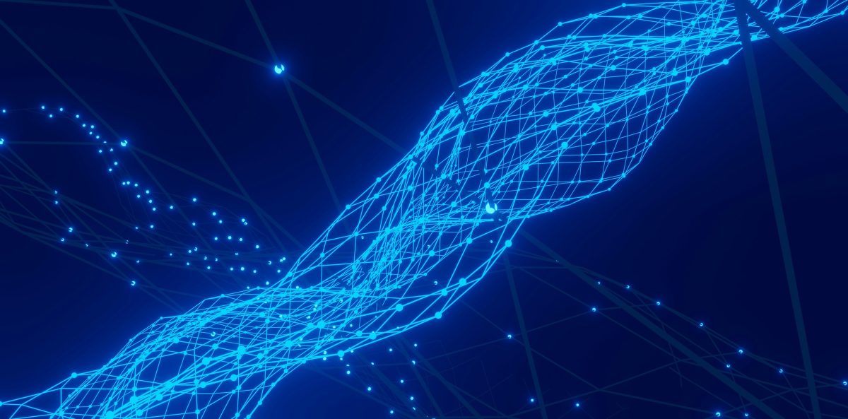 Blue helix of data points against a dark background